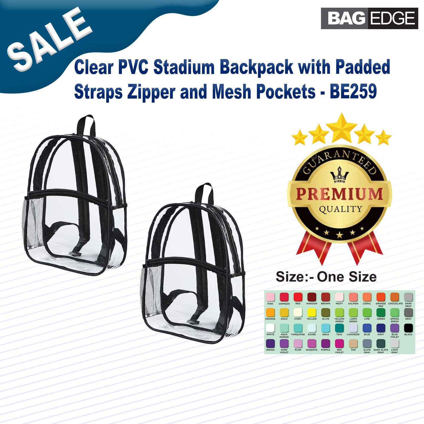 BAGedge&#xAE; Clear PVC Stadium Backpack with Padded Straps Zipper and Mesh Pockets