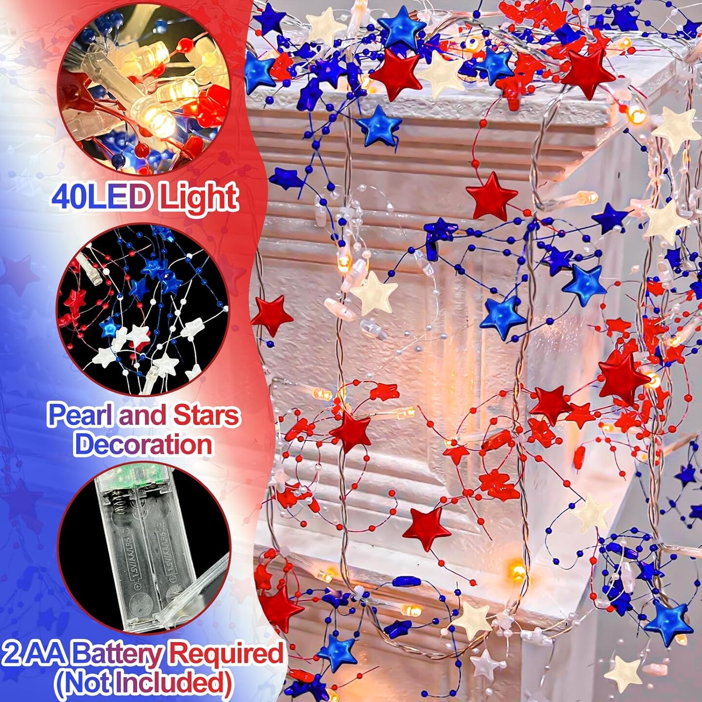 2-Pack 4th of July Patriotic LED String Lights – 13FT Red, White & Blue Star Garland, 40 LED Battery Operated Lights for Independence Day Home & Bedroom Decor