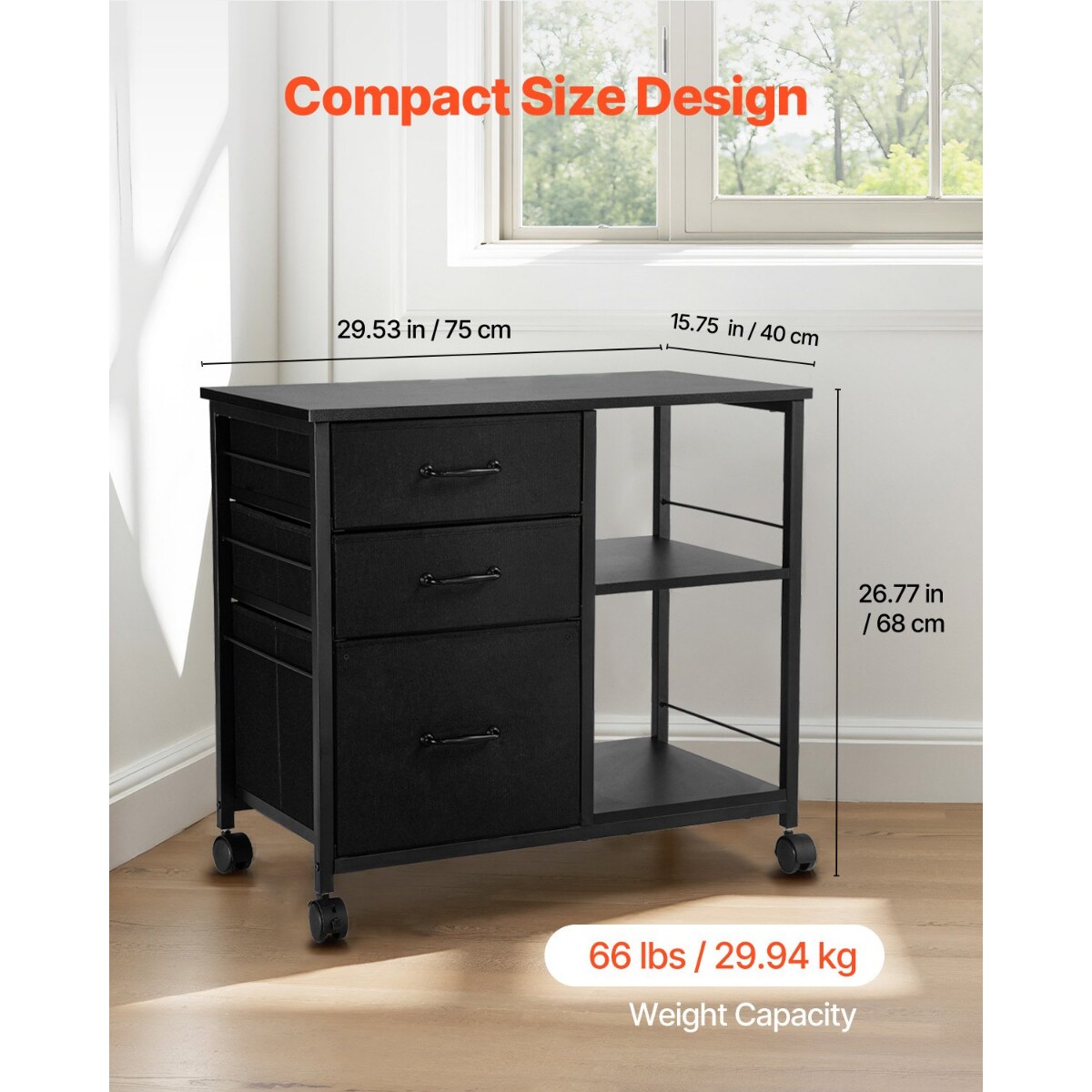 Mobile Metal File Cabinet with 3 Fabric Drawers and 2 Shelves Wooden Storage with Wheels