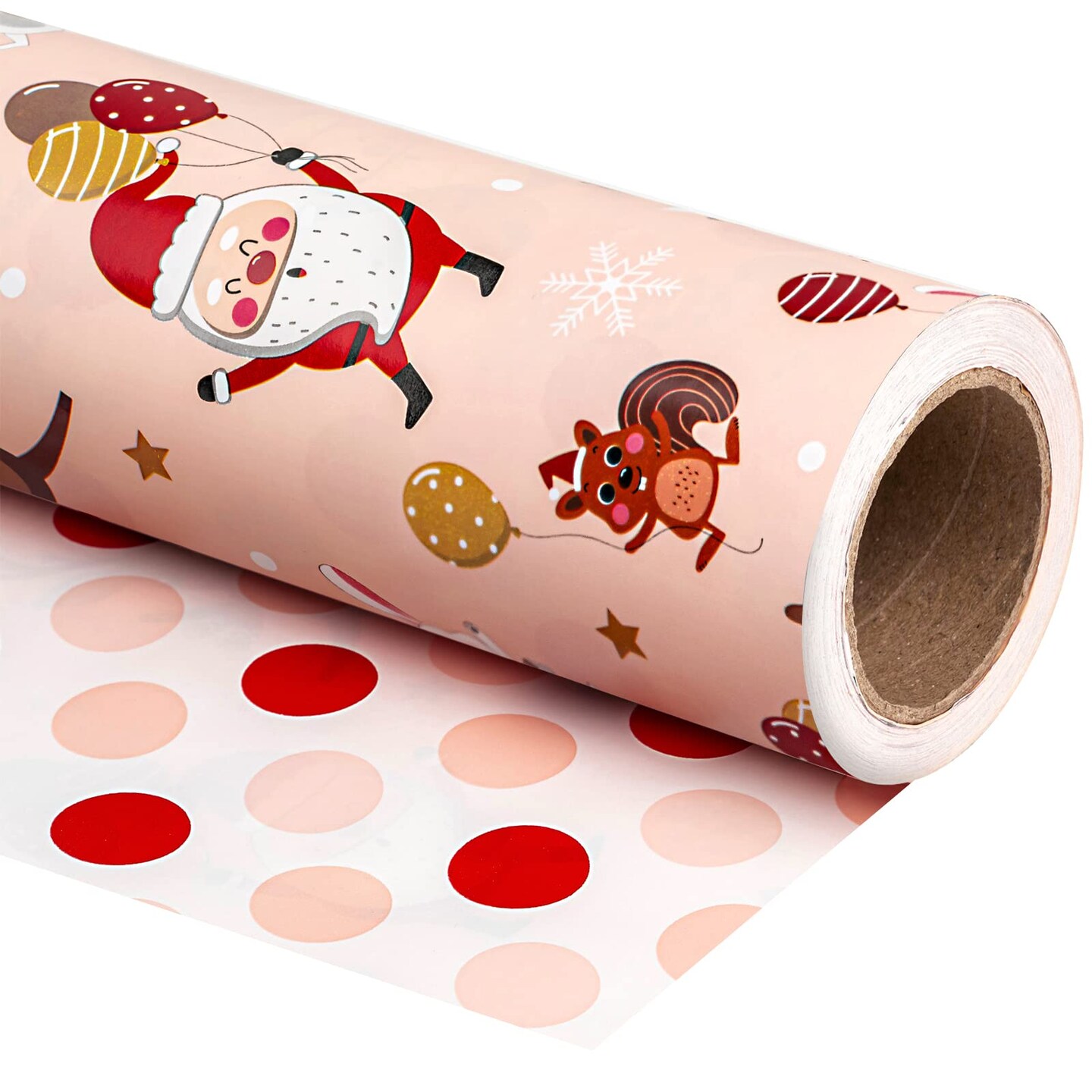 Reversible Christmas Wrapping Paper - Mini Roll - 17 Inch x 33 Feet - Red and Pink Dancing Santa Claus Reindeer and Colorful Polka Dots Design for Christmas, Holiday, Party