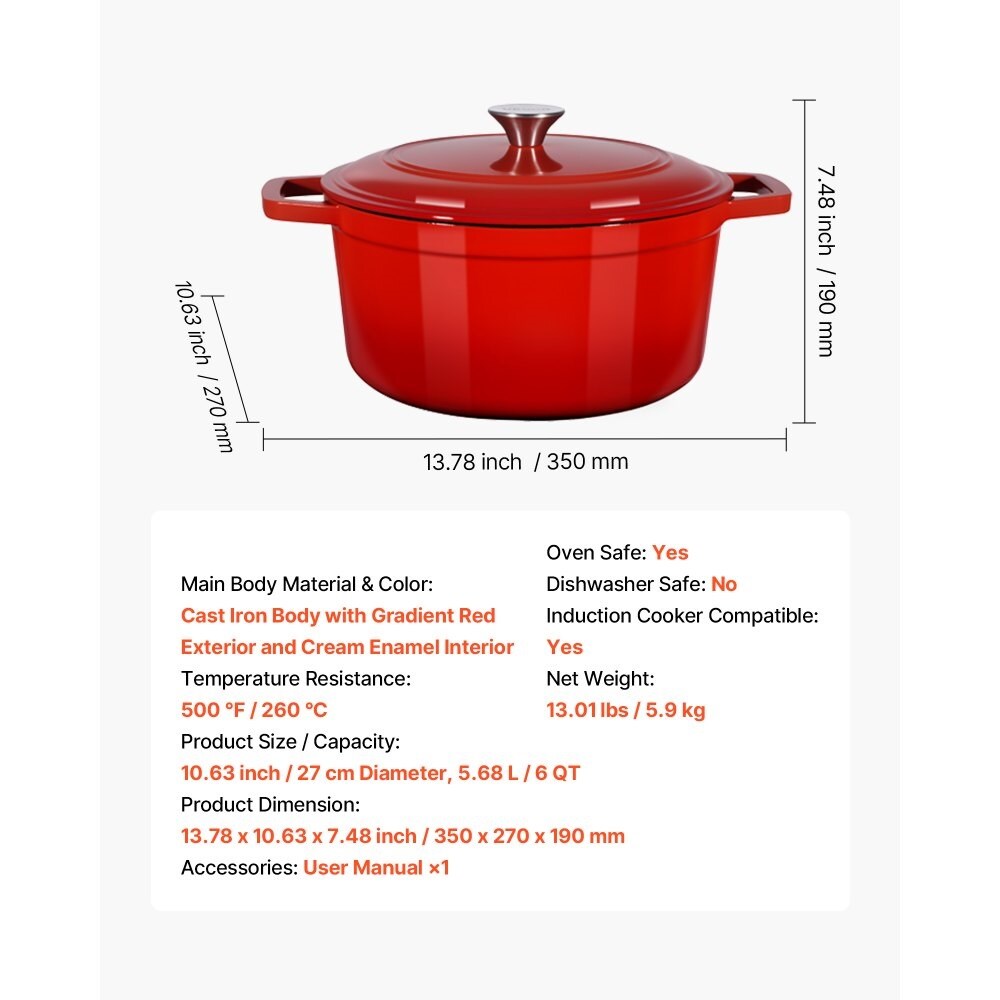 6 Quart Enameled Cast Iron Dutch Oven with Lid Dual Handles for Braising Stews Roasting