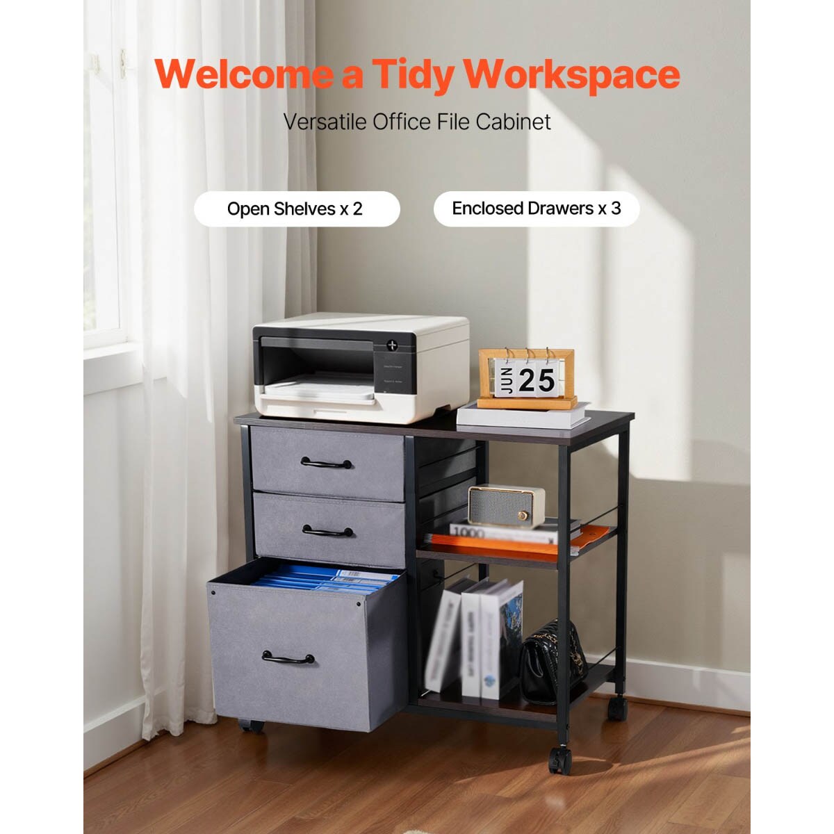 Mobile Metal File Cabinet with 3 Fabric Drawers and 2 Shelves Wooden Storage with Wheels