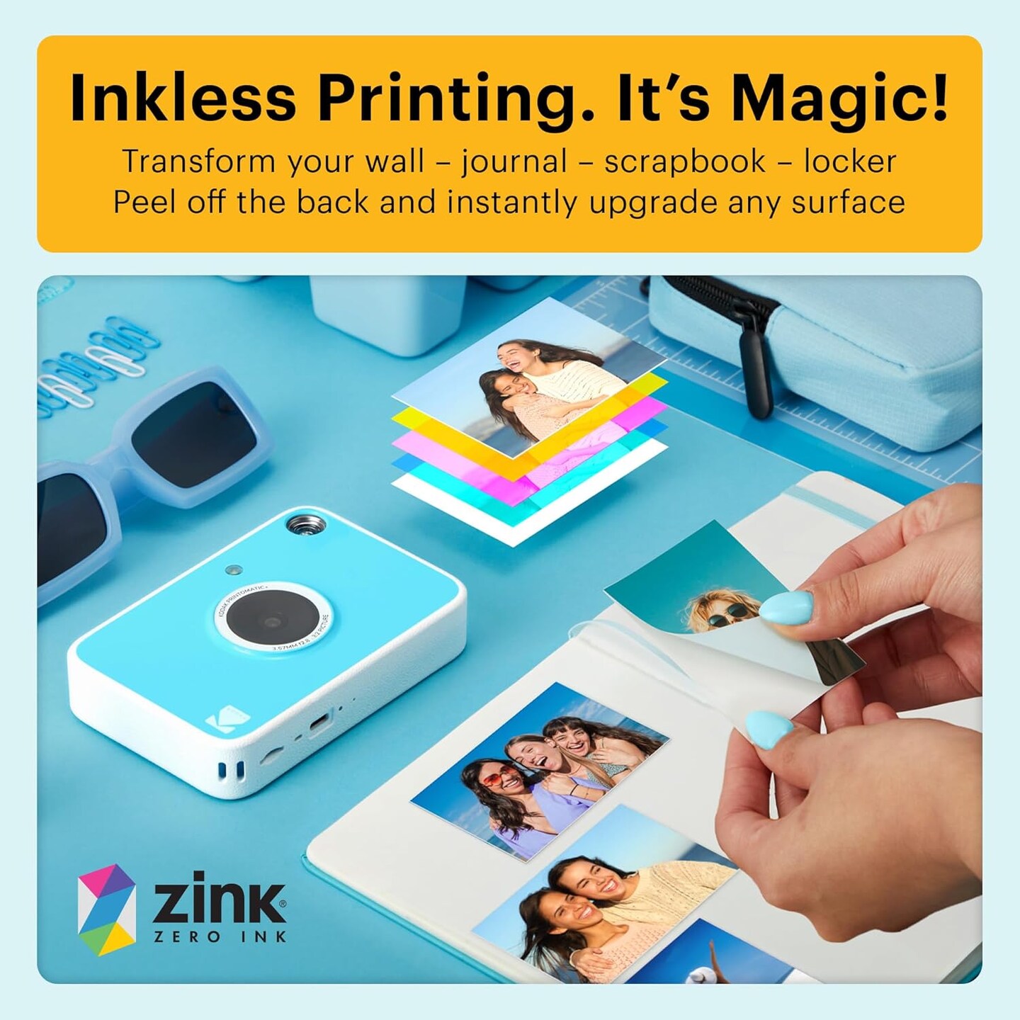 Kodak Printomatic+ Instant Print Digital Camera Starter Bundle + Carrying Case + Zink 20pk Sticky-Back Photo Paper - 10MP, Full-Color Photos, RGB LED Status Indicator