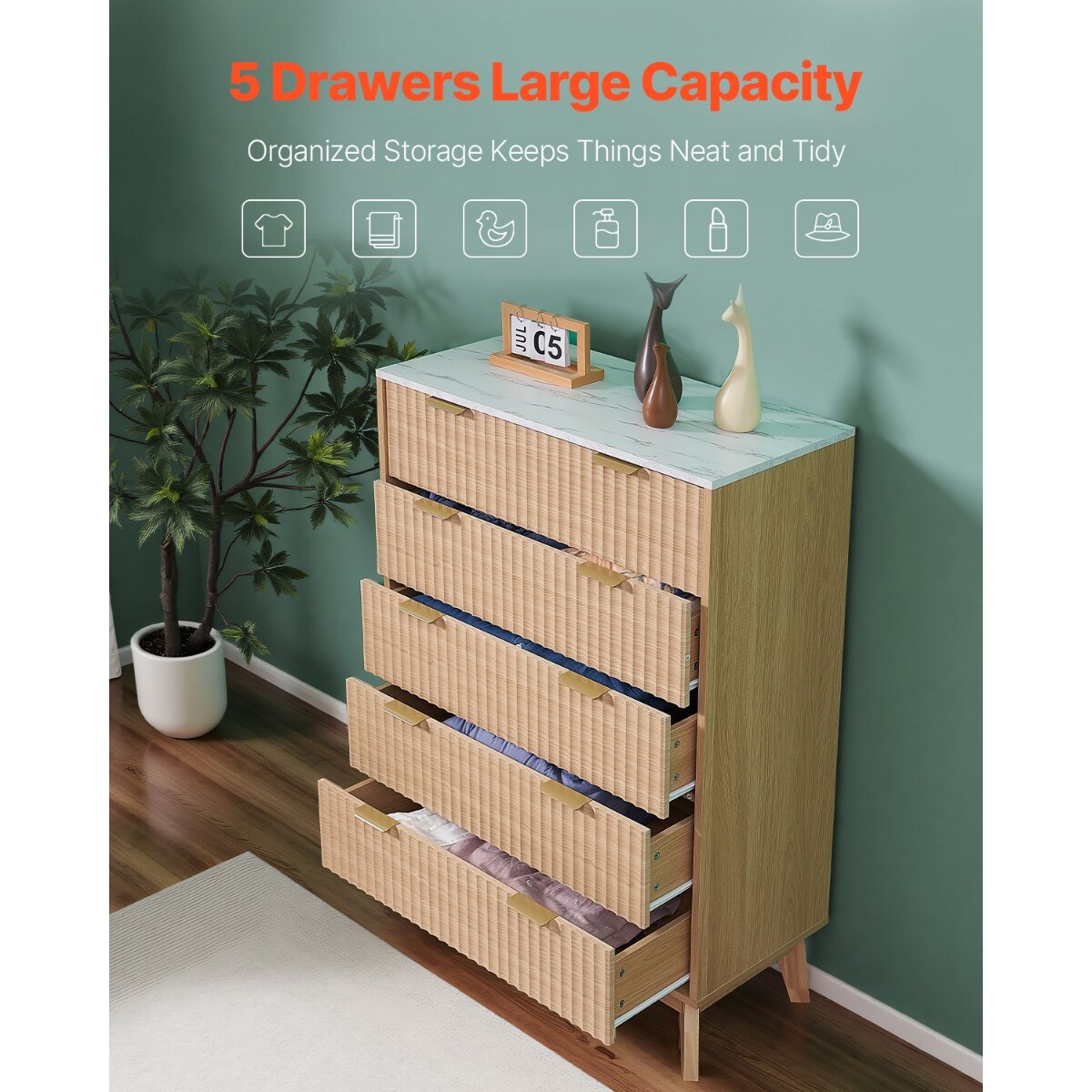 Light Wood MDF Drawer Dresser with Grooved Design, Metal Handles and Smooth Glides