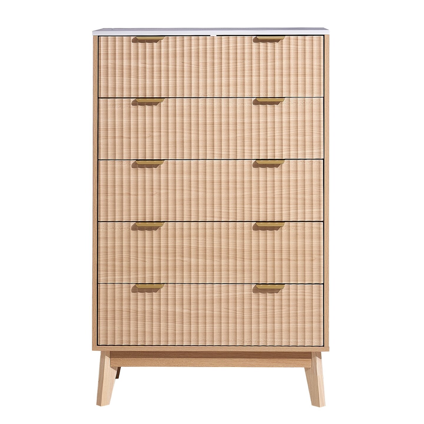Light Wood MDF Drawer Dresser with Grooved Design, Metal Handles and Smooth Glides