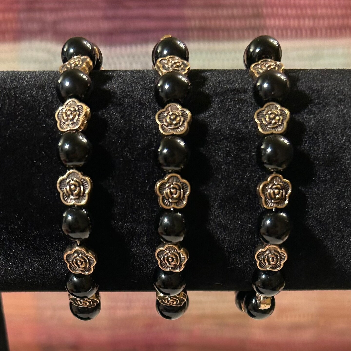 Antique Gold Roses and Black Agate Natural Stone Beaded Wrap