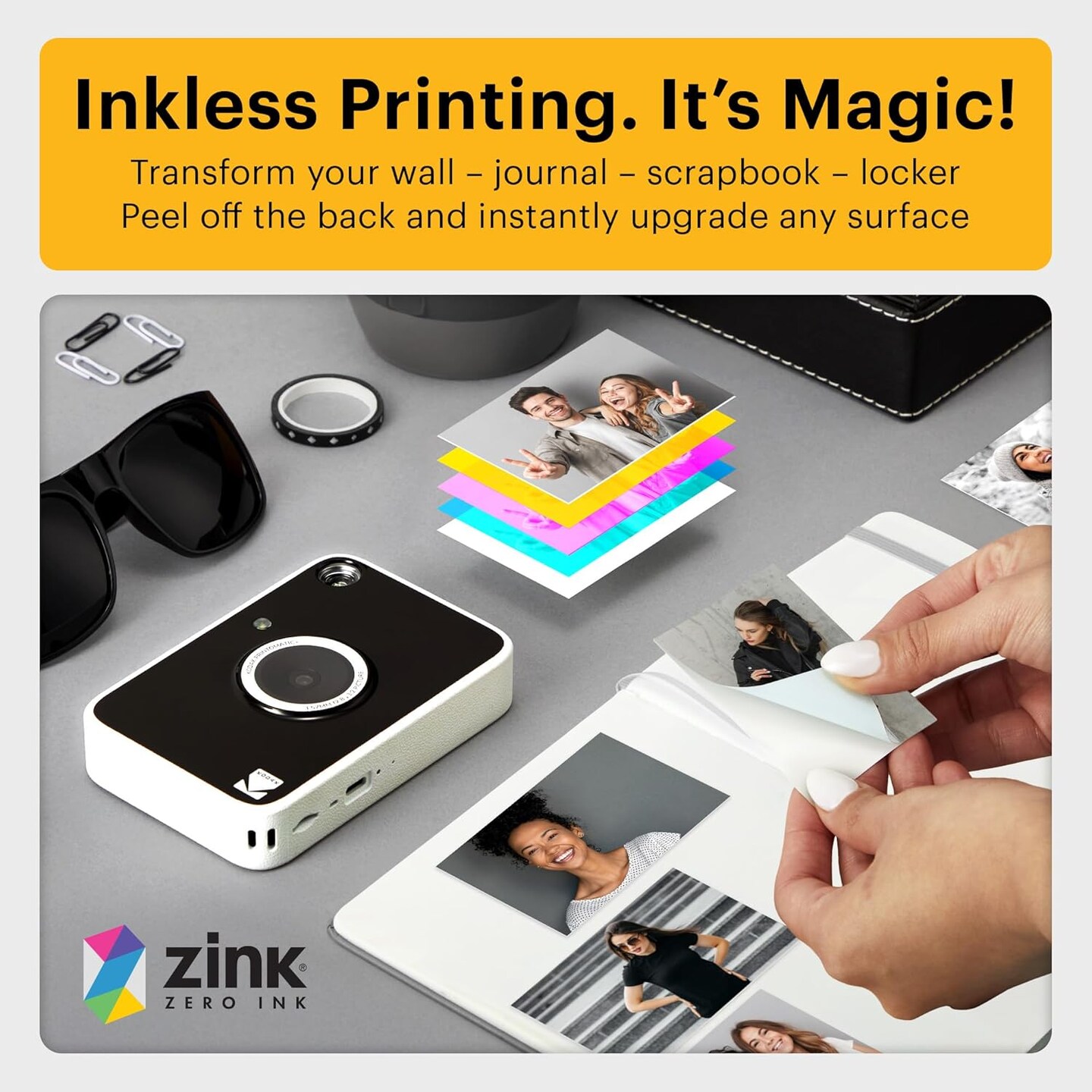 Kodak Printomatic+ Instant Print Digital Camera Starter Bundle + Carrying Case + Zink 20pk Sticky-Back Photo Paper - 10MP, Full-Color Photos, RGB LED Status Indicator