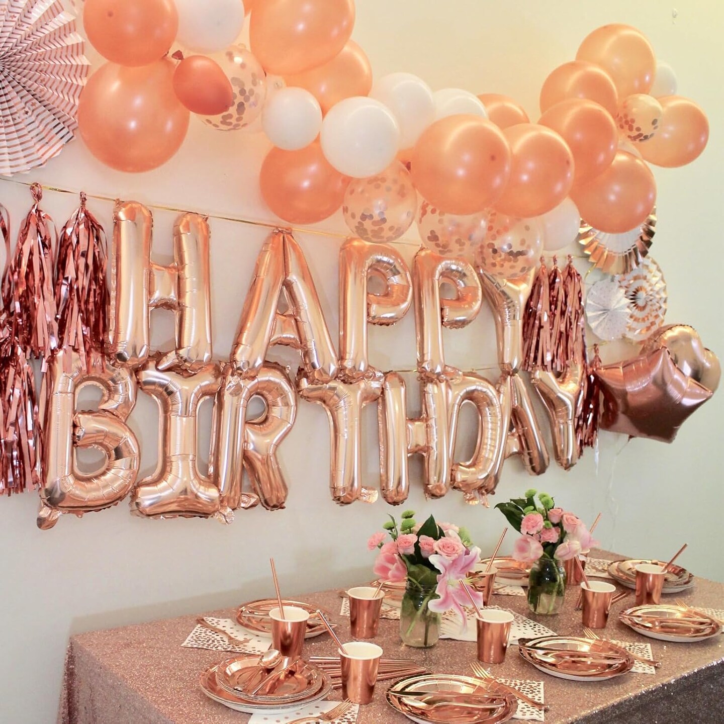 Rose Gold Happy Birthday Balloon Banner – 16 Inch Foil Mylar Letters, Reusable Birthday Sign, Party Decorations for Women and Girls (Rosegold)