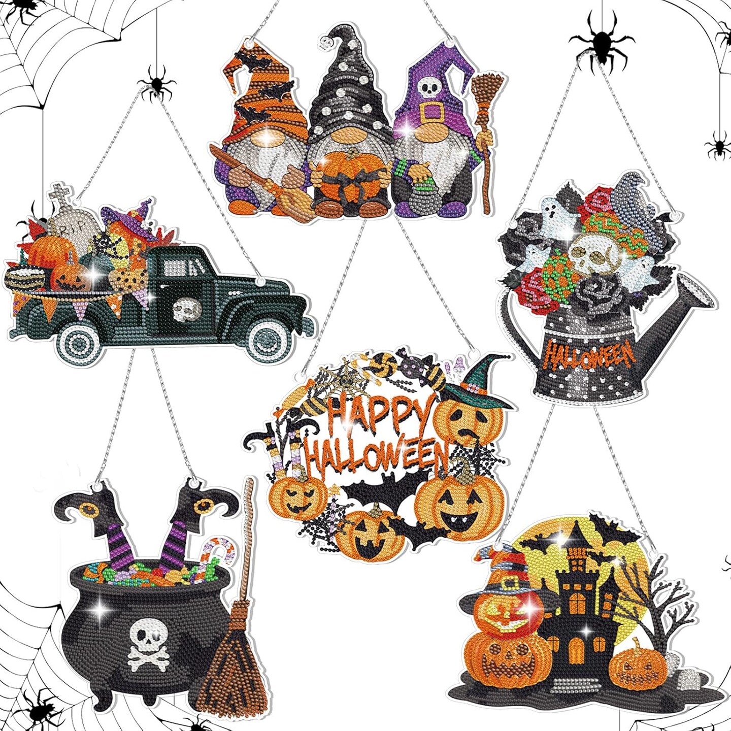 6-Piece Halloween Diamond Painting Hanging Sign Set – Witch, Pumpkin & Gnome 5D DIY Diamond Art Ornaments for Wall, Door, and Window Decor (Witch)