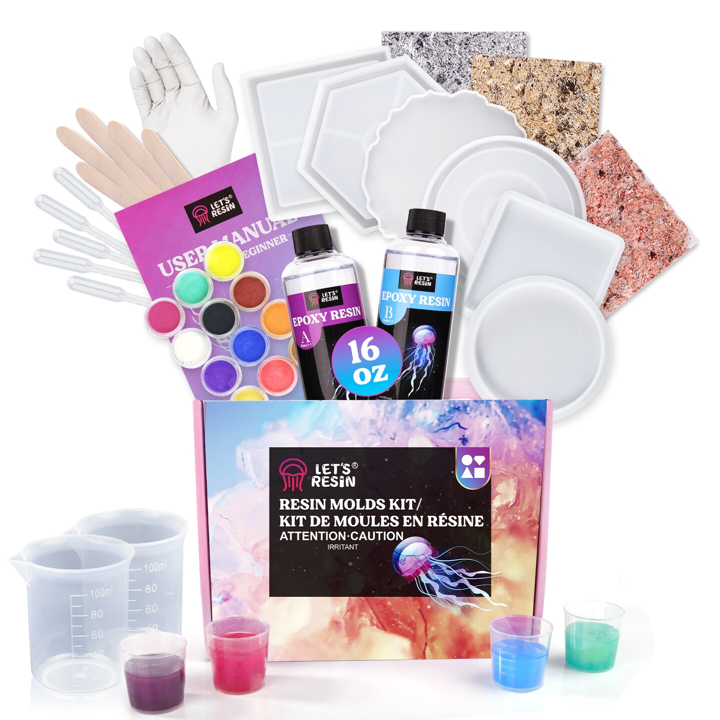 LET'S RESIN Epoxy Resin,Resin Coaster Molds Kit,16oz Resin Starter Kit for Beginners,Include Epoxy Resin,Coaster Molds, and Mica Powder for Resin Casting, Ideal Christmas Gift Set