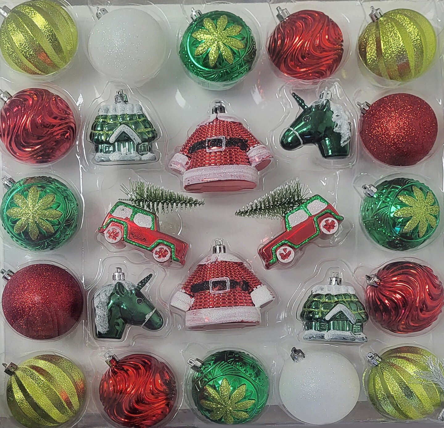 24 Pack Red, Green and White Assorted Ornaments
