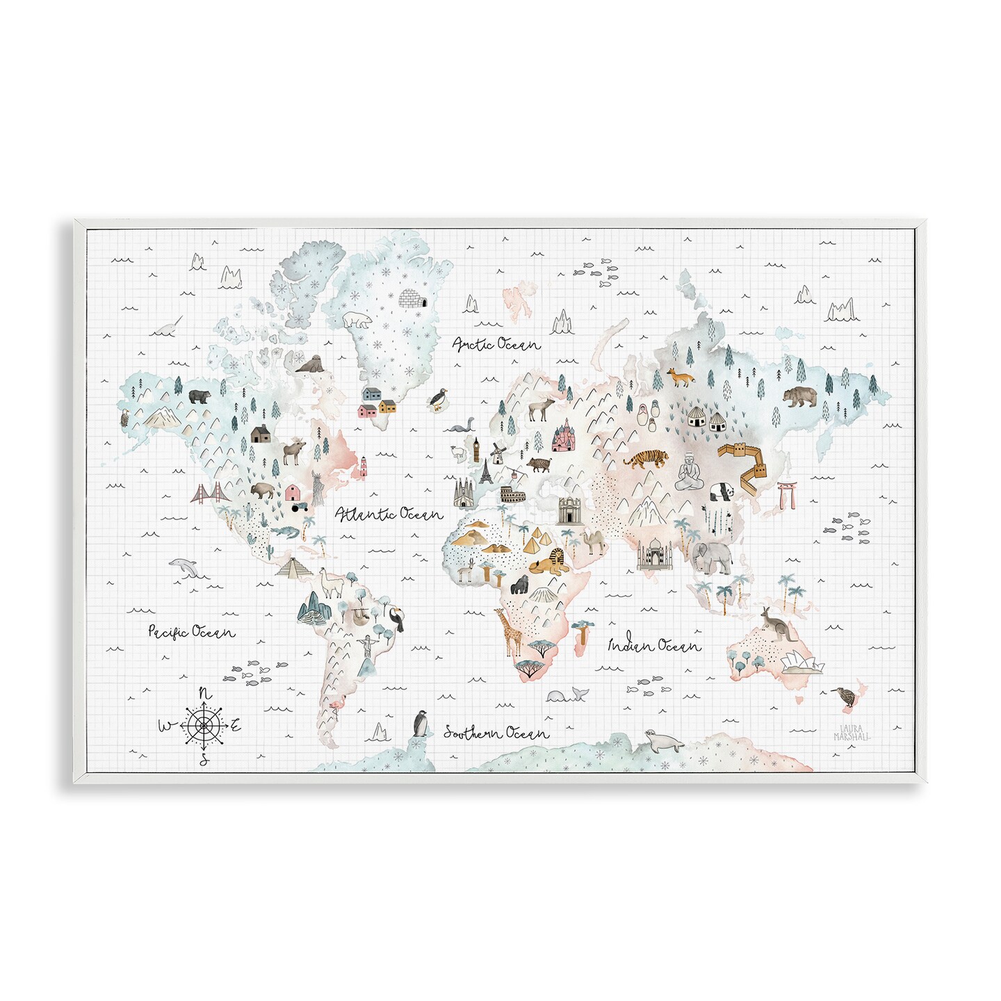 Stupell Industries Whimsical World Traveler Map Framed Giclee Wall Art Design by Laura Marshall