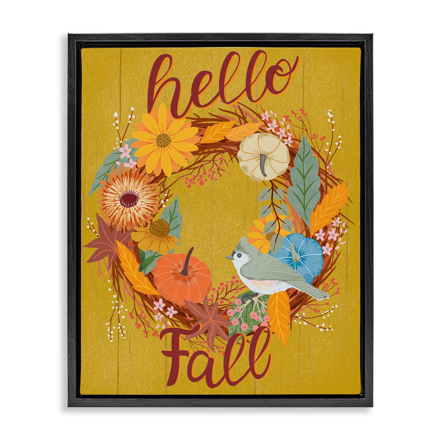 Stupell Industries Hello Fall Bird Wreath Floater Framed Canvas Wall Art Design by Jo Reid