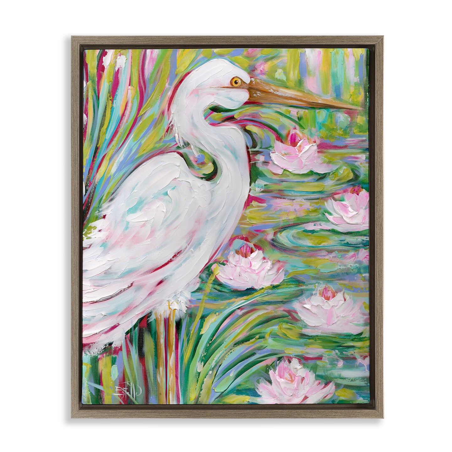 Stupell Industries Great White Egret & Lotus Floater Framed Canvas Wall Art Design by Estelle Grengs