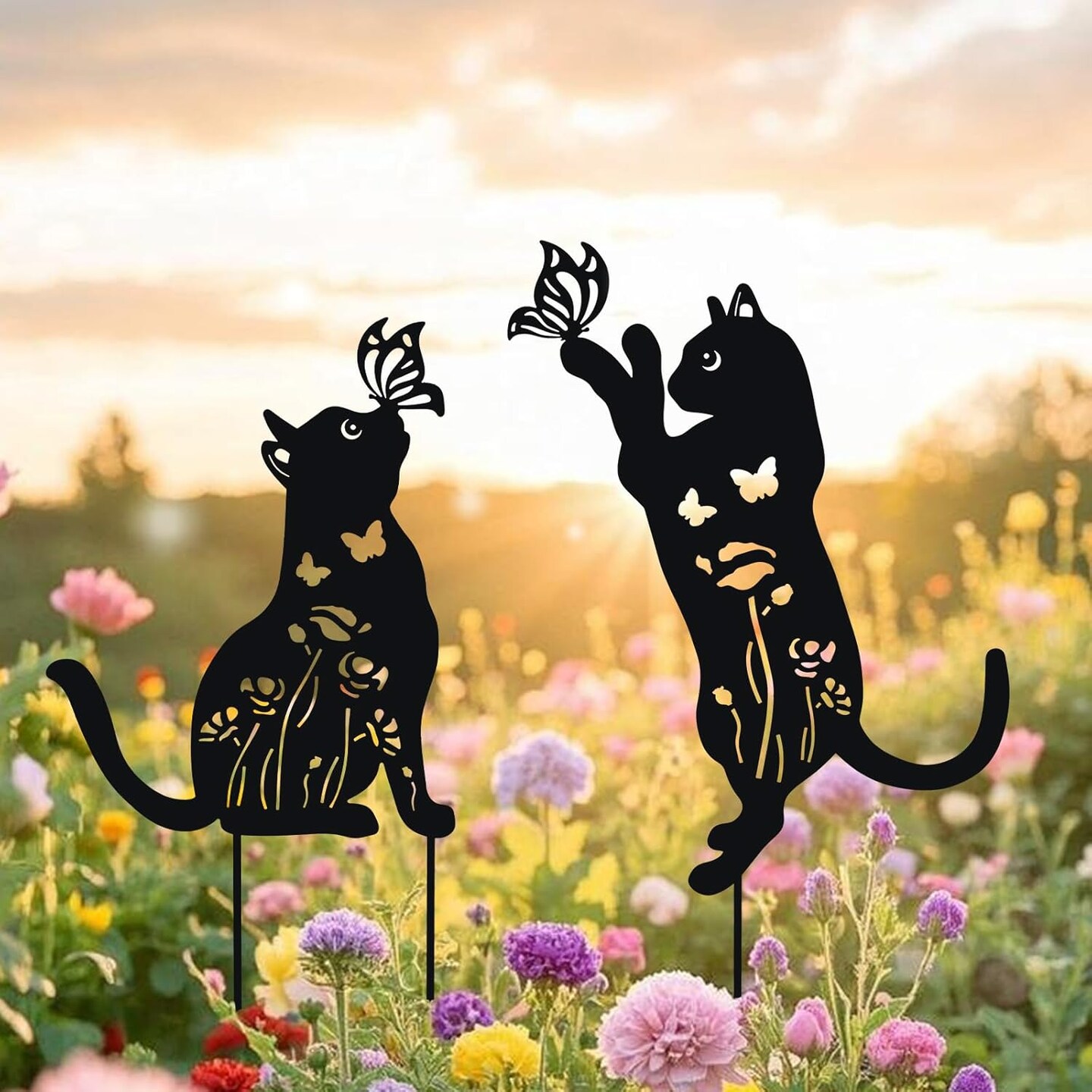 Metal Cat Decor for Outside - 2 Pack Garden Stakes Decorative