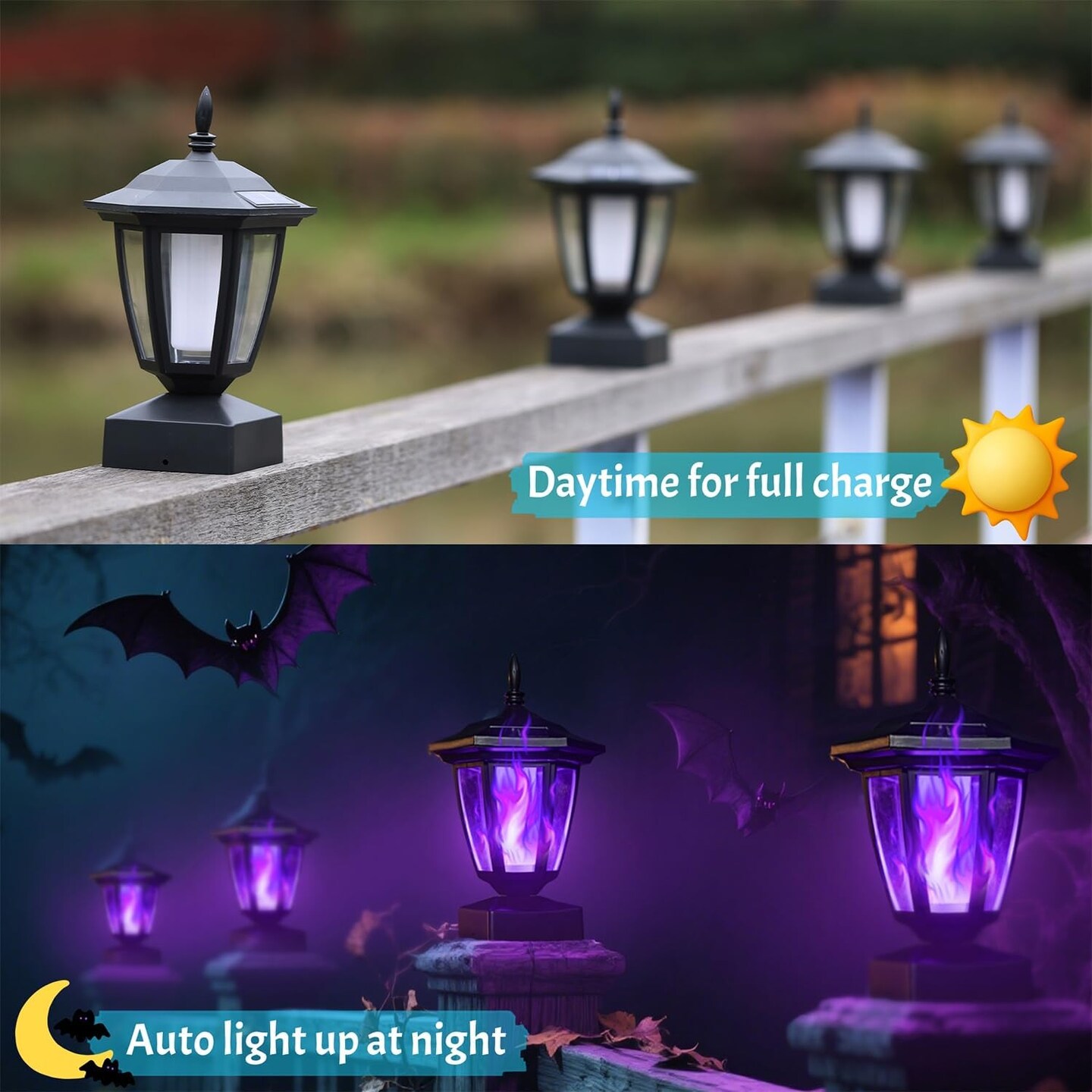 2 Pack - Solar Flame Post Cap Lights Outdoor, Halloween Flickering Purple Flame