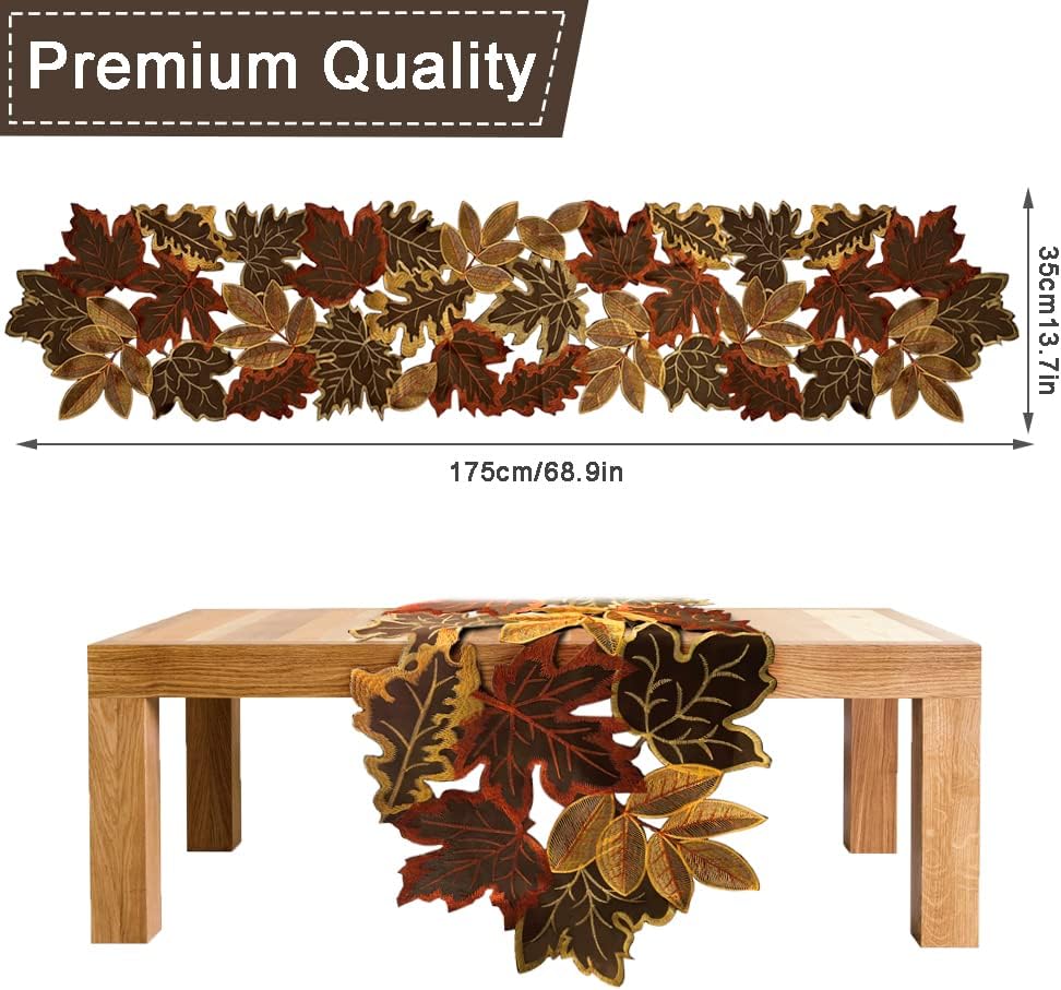 Fall Thanksgiving Table Runner with Embroidered Maple Leaves