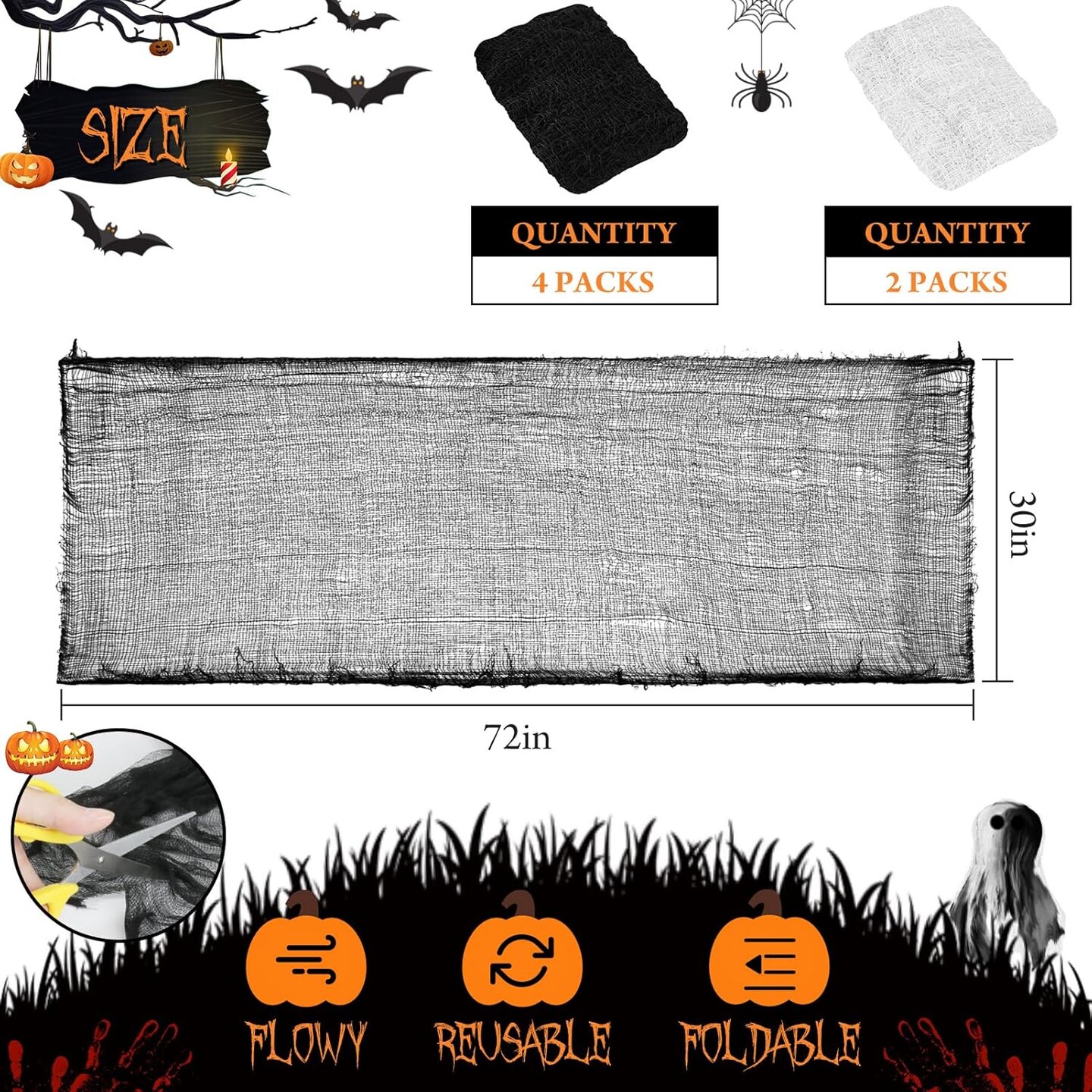 6 Pack Halloween Decorations Indoor Outdoor (Black+White, 30"x 72")
