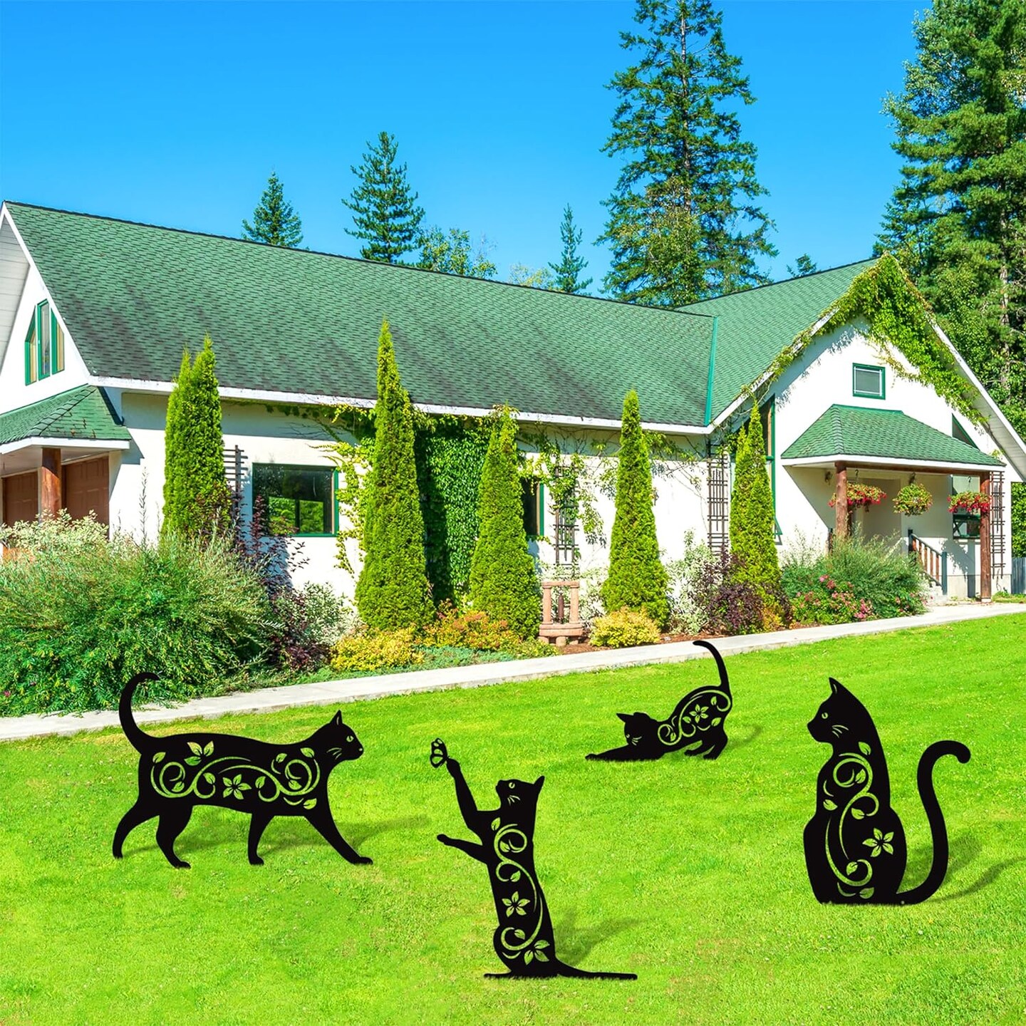 4 Pack Black Cat Silhouette Cute Metal Cat Garden Statues
