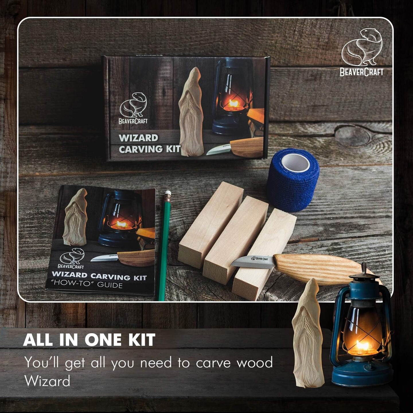 Whittling Kit for Beginners – Wood Carving Tools Set with Whittling Knife, Basswood Blocks & Step-by-Step Video Tutorial – DIY Wizard Carving Kit for Adults and Teens