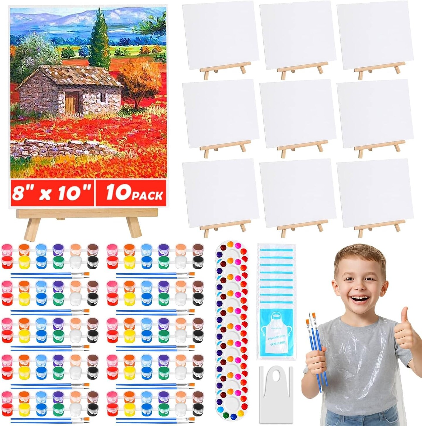 10-Pack 8x10 Inch Canvas & Easel Set – Mini Acrylic Paint & Brush Kit with Paint Trays, Disposable Aprons for Adults & Kids, Sip & Paint Party Supplies