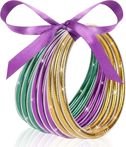 9 Pcs Mardi Gras Glitter Jelly Bracelets, Silicone Jelly Bangles