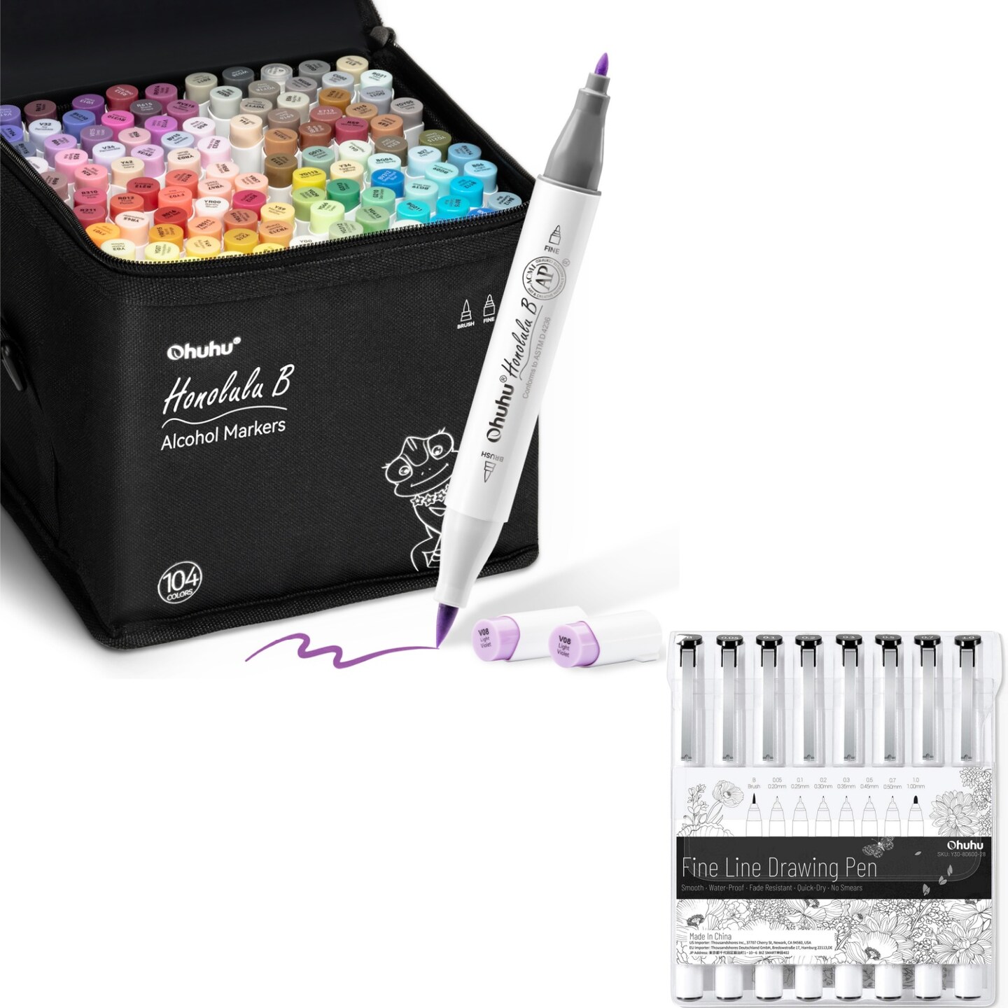 Michaels, Ohuhu Honolulu B 104 Colors Brush & Fine Dual Tip Alcohol Marker Set + 8-size Tips Fineliner Pens – Category: Dual Tip Art Markers