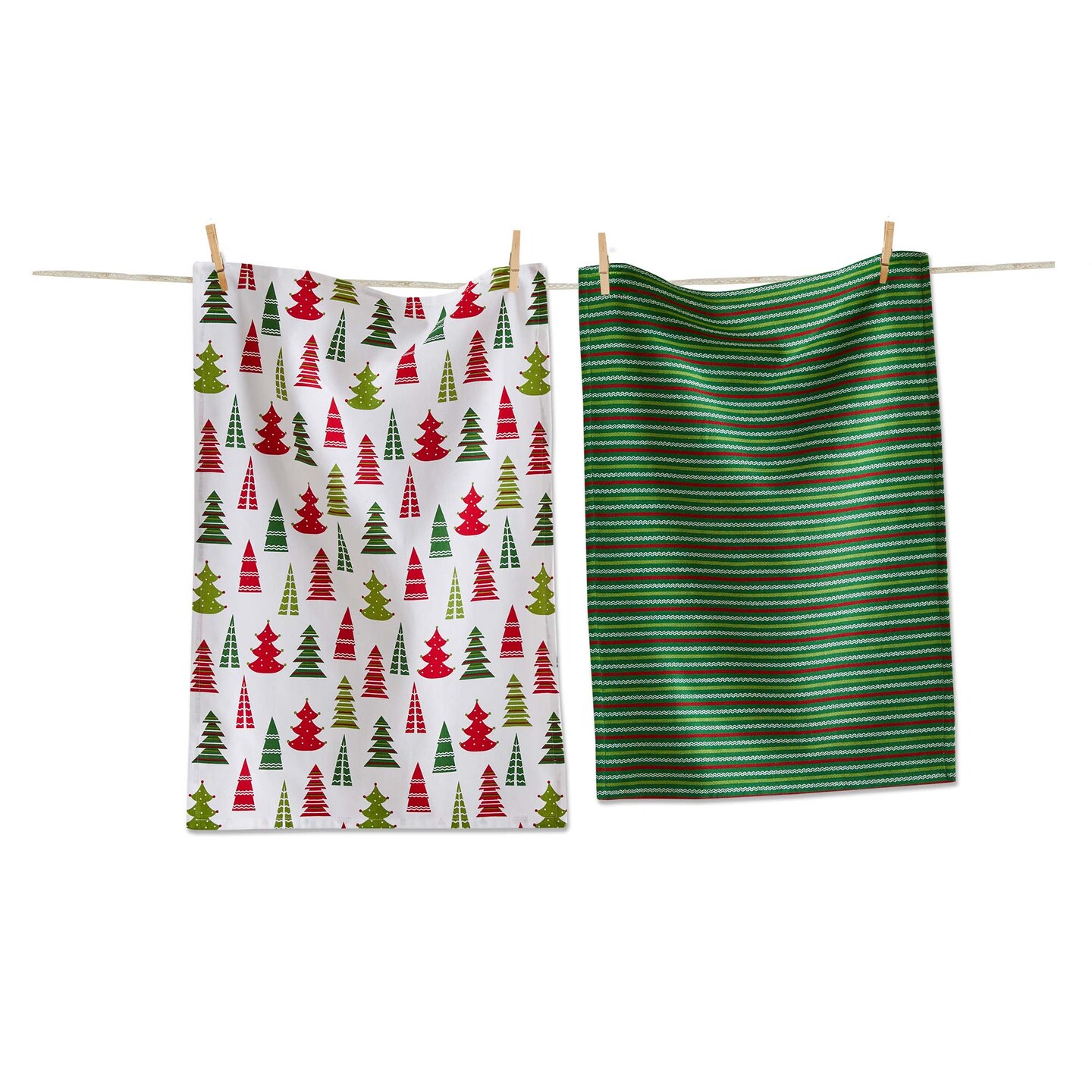 Cheerful Tree Dishtowel Set - Green Multi Cotton Kitchen Towels for Christmas - Machine Washable, 26" x 18"