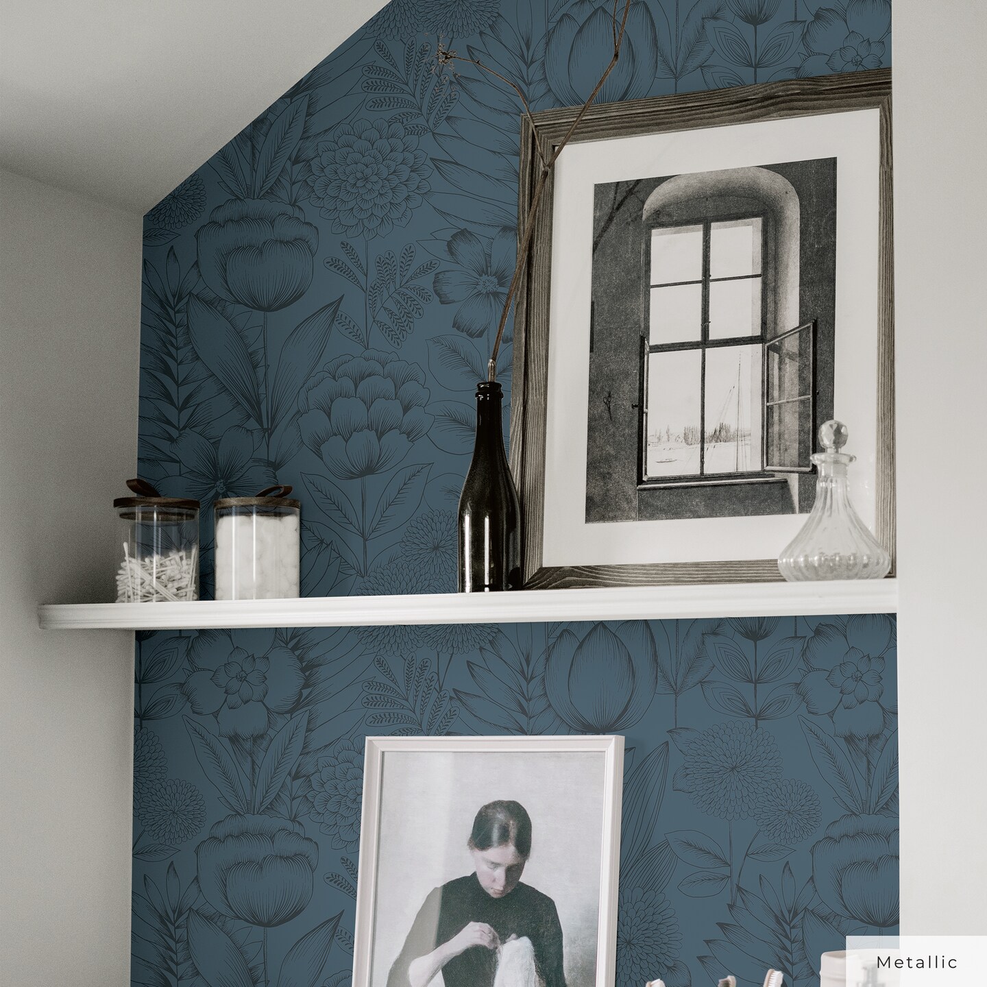 Tempaper Homestead Floral Peel and Stick Wallpaper Metallic Blue