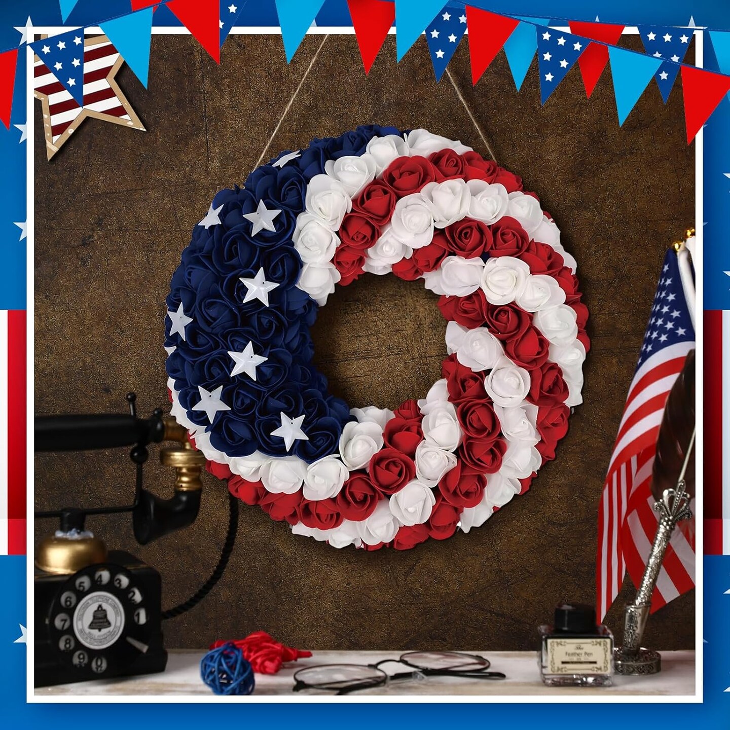 1 Pcs 4th of July Hanging Door Sign 2d Memorial Day Wreath Decorations Patriotic Door Hanger American Rustic Wooden Plaque