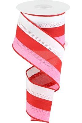 2.5&#x22; Tricolor Striped Ribbon: White, Pink, and Red (10 Yards)