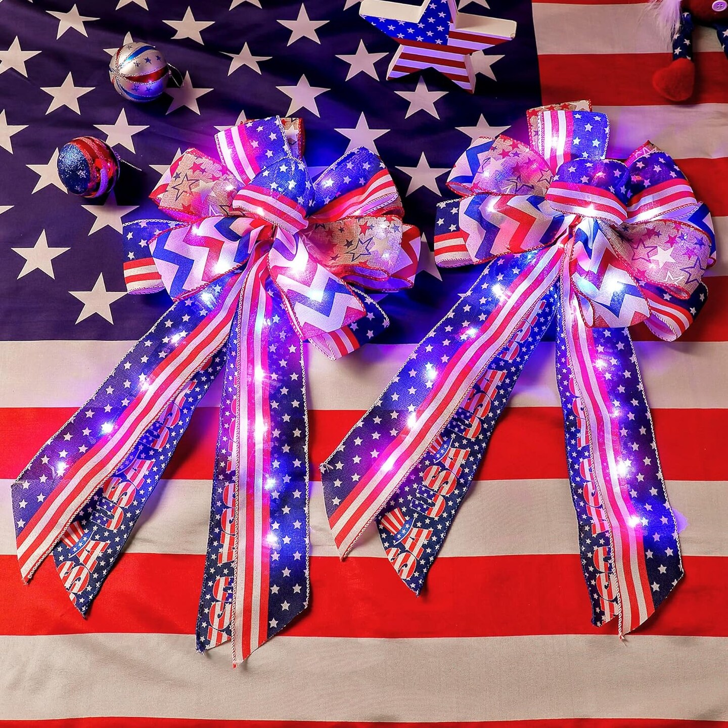 2-Pack Lighted Large Patriotic Bows – 20 x 11 Inch Red, White & Blue Star Burlap Wreath Bows for 4th of July, Veterans Day, Independence Day, Tree Topper, and Holiday Decor