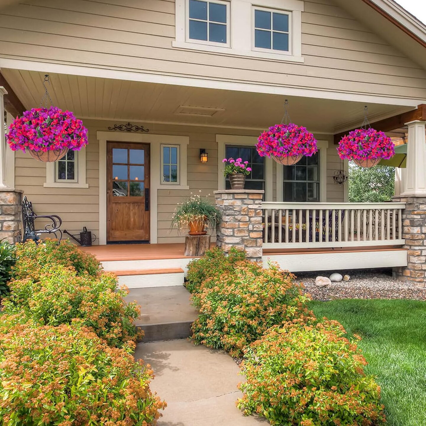 Artificial Hanging Flowers with Basket for Spring ((PurpleHotpink)