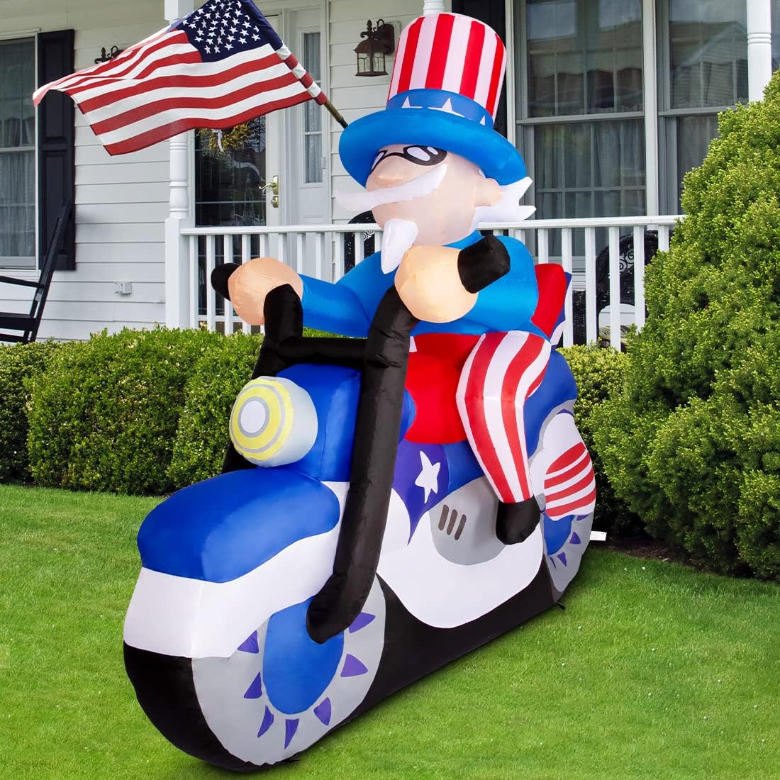 GOOSH 6.4FT Long 4th of July Patriotic Inflatable Uncle Sam on Motorcycle Independence Day Yard Decorations Built-in LEDs
