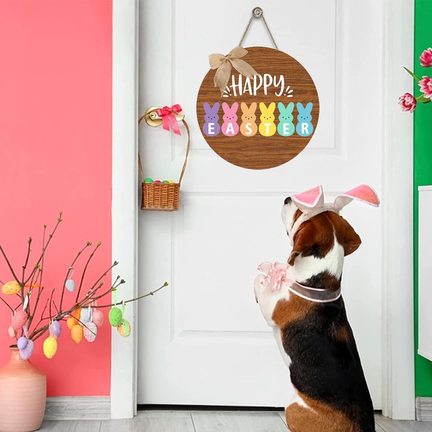 Easter Bunny Door Decoration – Happy Easter Wooden Wall Sign with Bow for Home and Party Decor