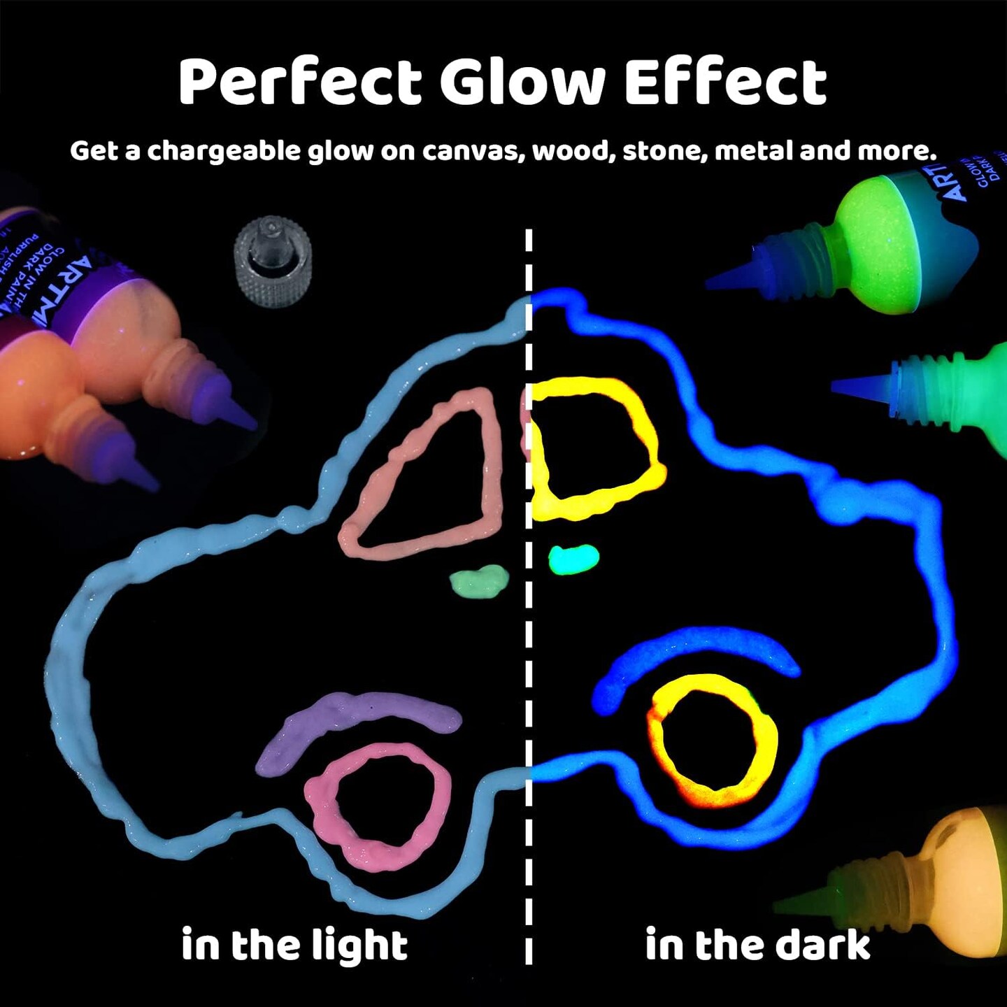 Glow in The Dark Paint, Glow Paint Set of 12 Bright Colors 30ml/1oz, Acrylic Glow in The Dark Paint Perfect for Art Painting, DIY projects, Halloween and Christmas Decorations, Rich Pigments for Adults, Artists and Students