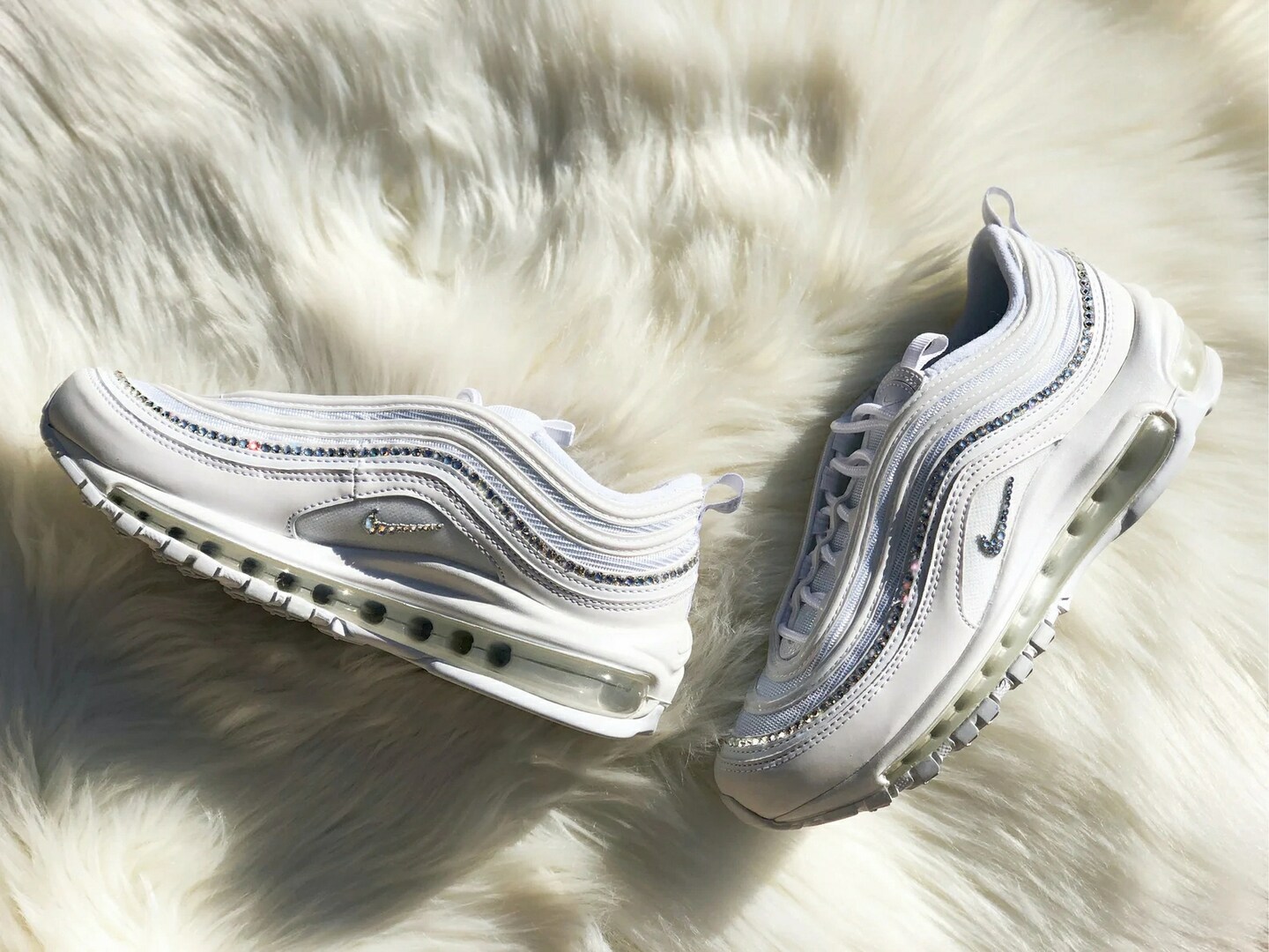 Swarovski Women s Nike Air Max 97 All White Sneakers Blinged Out With Authentic Clear Swarovski Crystals Custom Bling Nike Shoes MakerPlace by Michaels