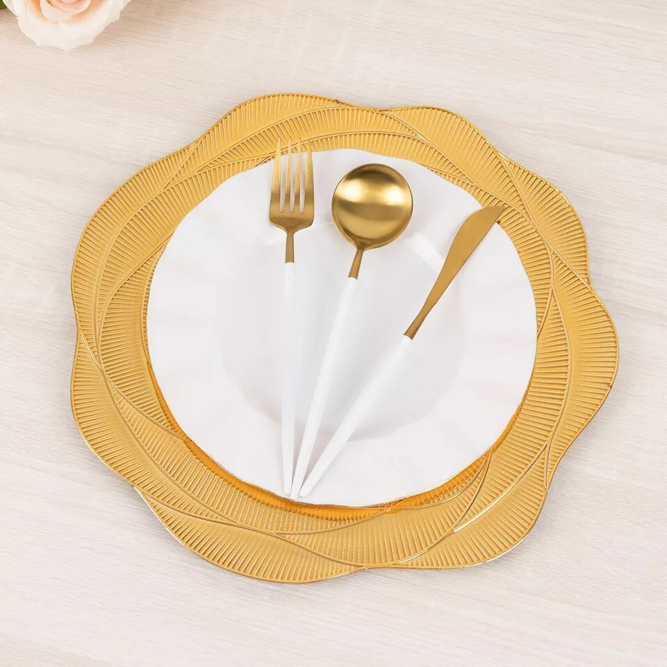 6 Metallic 13" Gold Round Acrylic Plastic Charger Plates with Ribbed Rose