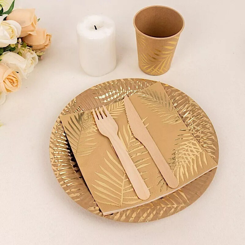 72 Natural Disposable Paper Tableware Set Gold Palm Leaves Print Party Events