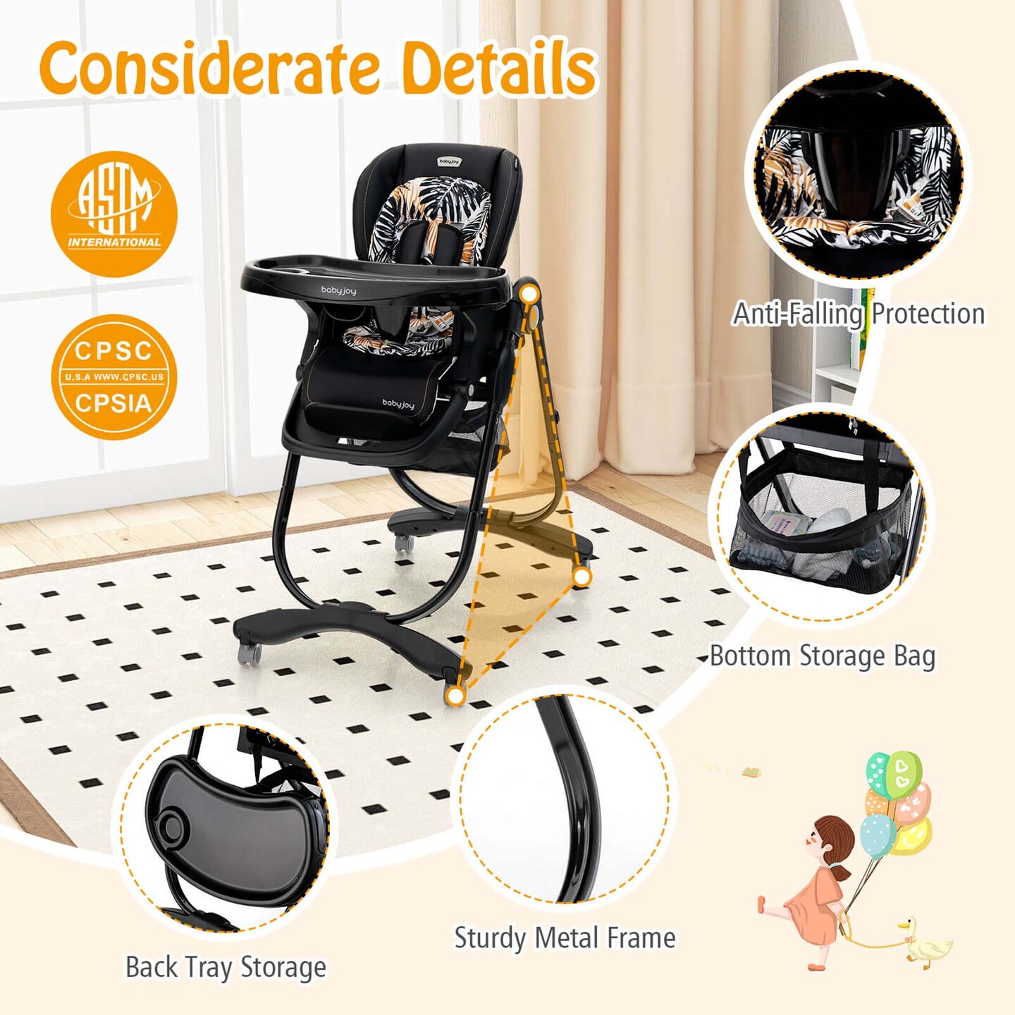 Costway High Chair for Babies & Toddlers with Rolling Wheels Adjustable Height Footrest White/Pink/Navy/Black