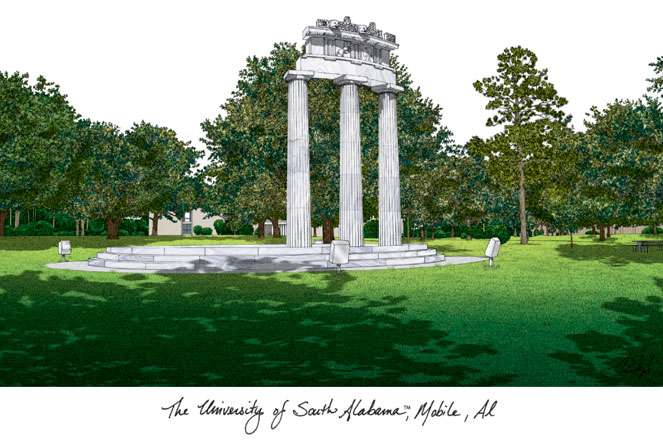 University of South Alabama 11w x 8.5h Manhattan Black Single Mat Gold Embossed Diploma Frame with Bonus Campus Images Lithograph (value savings at $59)
