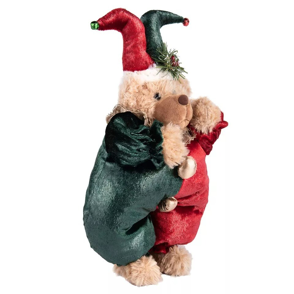 16" Jester Bear Doll, Bear Clown Doll, Bear Christmas Figurine, Red & Green