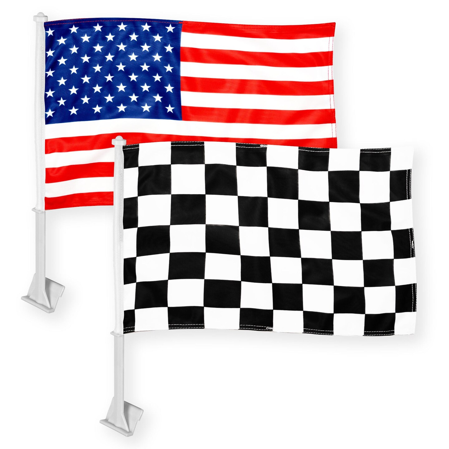 G128 Combo Pack: American USA Car Flag &#x26; Checkered Race Car Flag 11x17 In | Both Double Sided Printed 150D Polyester | Flagpole Included | Perfect for Festival Celebrations, Parades