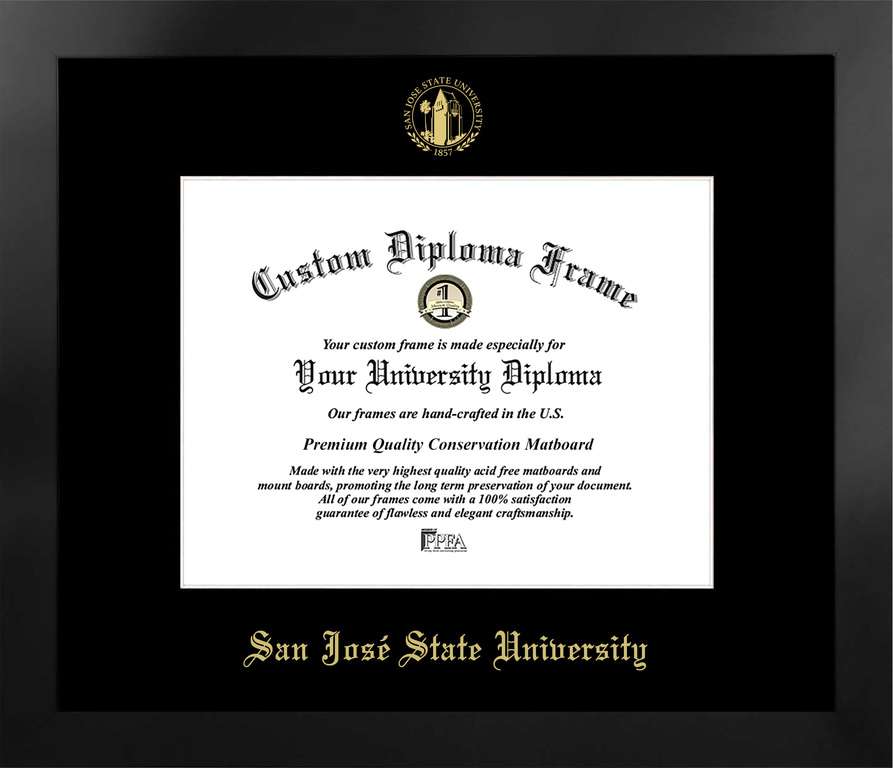 San Jose State University 11w x 8.5h Manhattan Black Single Mat Gold Embossed Diploma Frame with Bonus Campus Images Lithograph (value savings at $59)