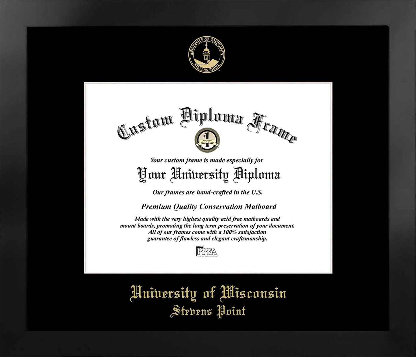 University of Wisconsin - Stevens Point 10w x 8h Manhattan Black Single Mat Gold Embossed Diploma Frame with Bonus Campus Images Lithograph (value savings at $59)