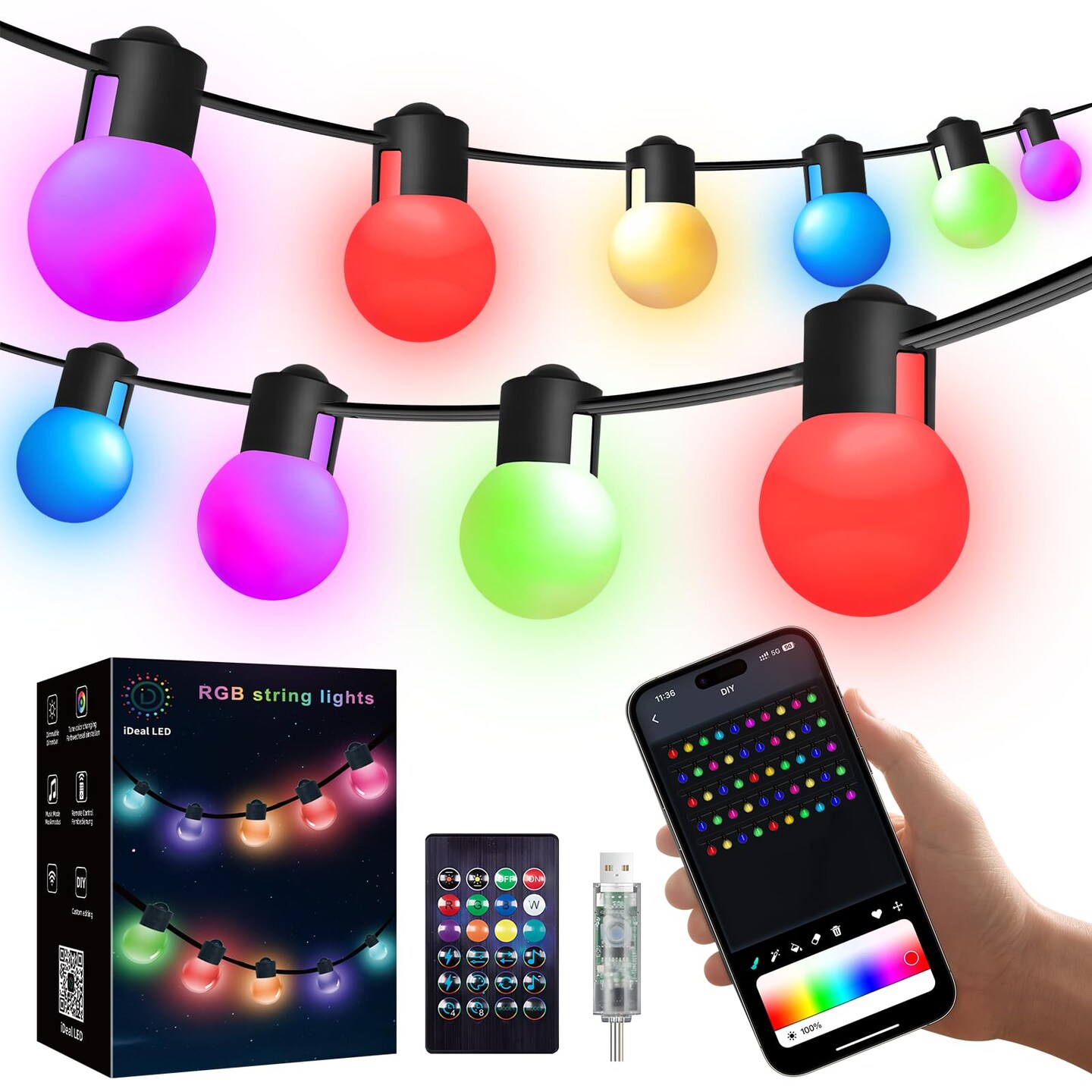 Super RGB Outdoor String Lights 16.4Ft Patio Lights with Dimmable 25