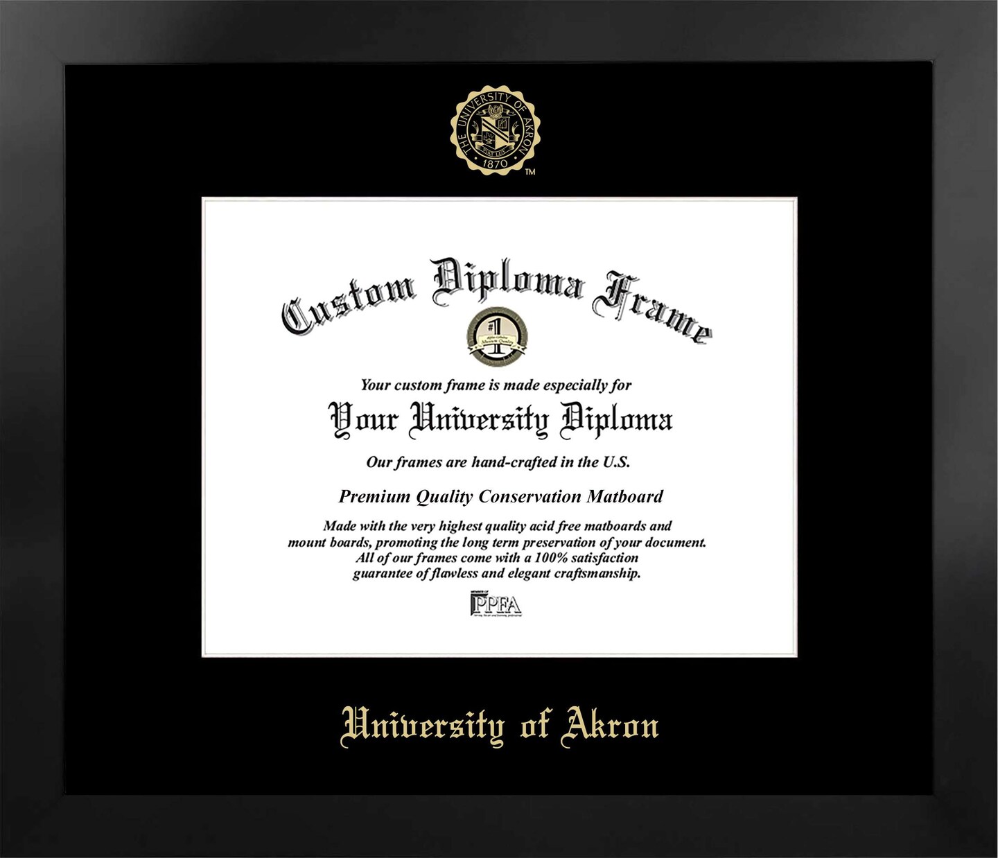 University of Akron 11w x 8.5h Manhattan Black Single Mat Gold Embossed Diploma Frame with Bonus Campus Images Lithograph (value savings at $59)