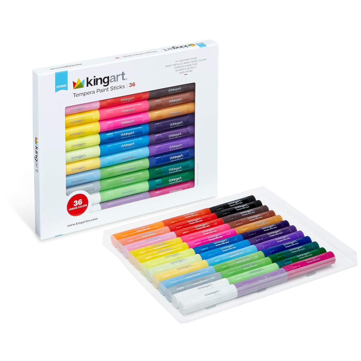 KINGART&#xAE; Tempera Paint Sticks, 36 Vibrant Colors Solid Tempera Paint for Kids, Super Quick Drying, Works Great on Paper Wood Glass Ceramic Canvas
