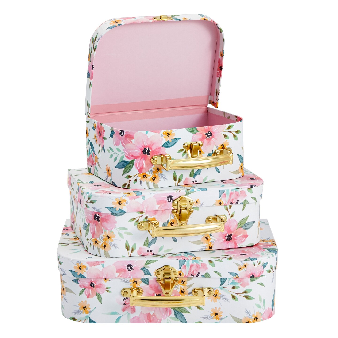 Okuna Outpost Set of 3 Paperboard Suitcases Decorative Storage Boxes with Metal Handles, Multi-Purpose Stackable Cardboard Decorative Storage Boxes with Floral Print for Home Decor and Storage