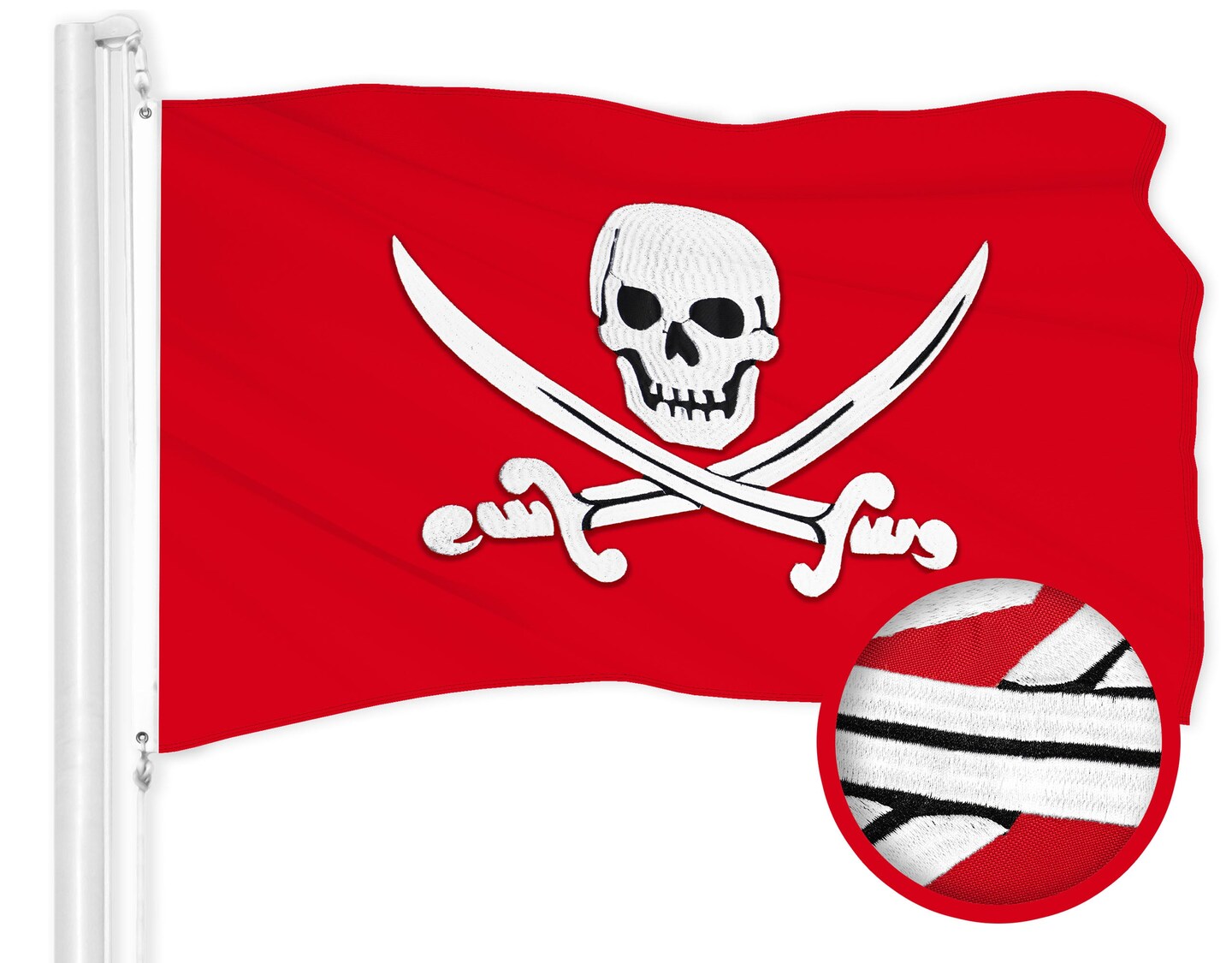 G128 Pirate Jolly Roger Swords Red Flag | 1x1.5 Ft | ToughWeave Series Embroidered 300D Polyester | Novelty Flag, Embroidered Design, Indoor/Outdoor, Brass Grommets